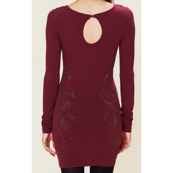 Free People Lady In Waiting‎ Bodycon Dress Sz L Wine Long Sleeve Beaded Gold - Picture 2 of 11